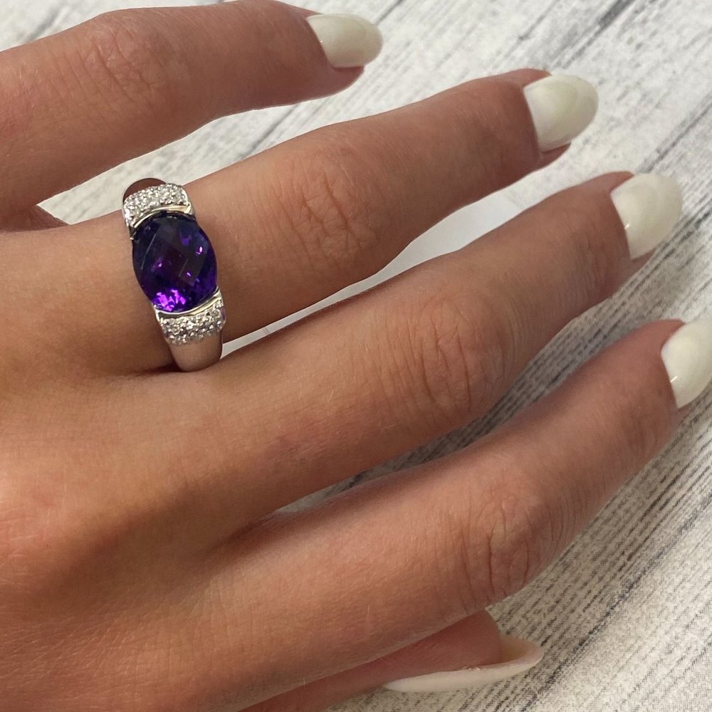 Rachel Koen Amethyst Diamond Ring 14K White Gold size 7